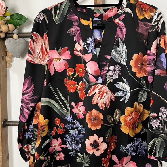 J Crew V Neck 3/4 Sleeve Blouse Black Floral Size Small - Picture 3 of 6